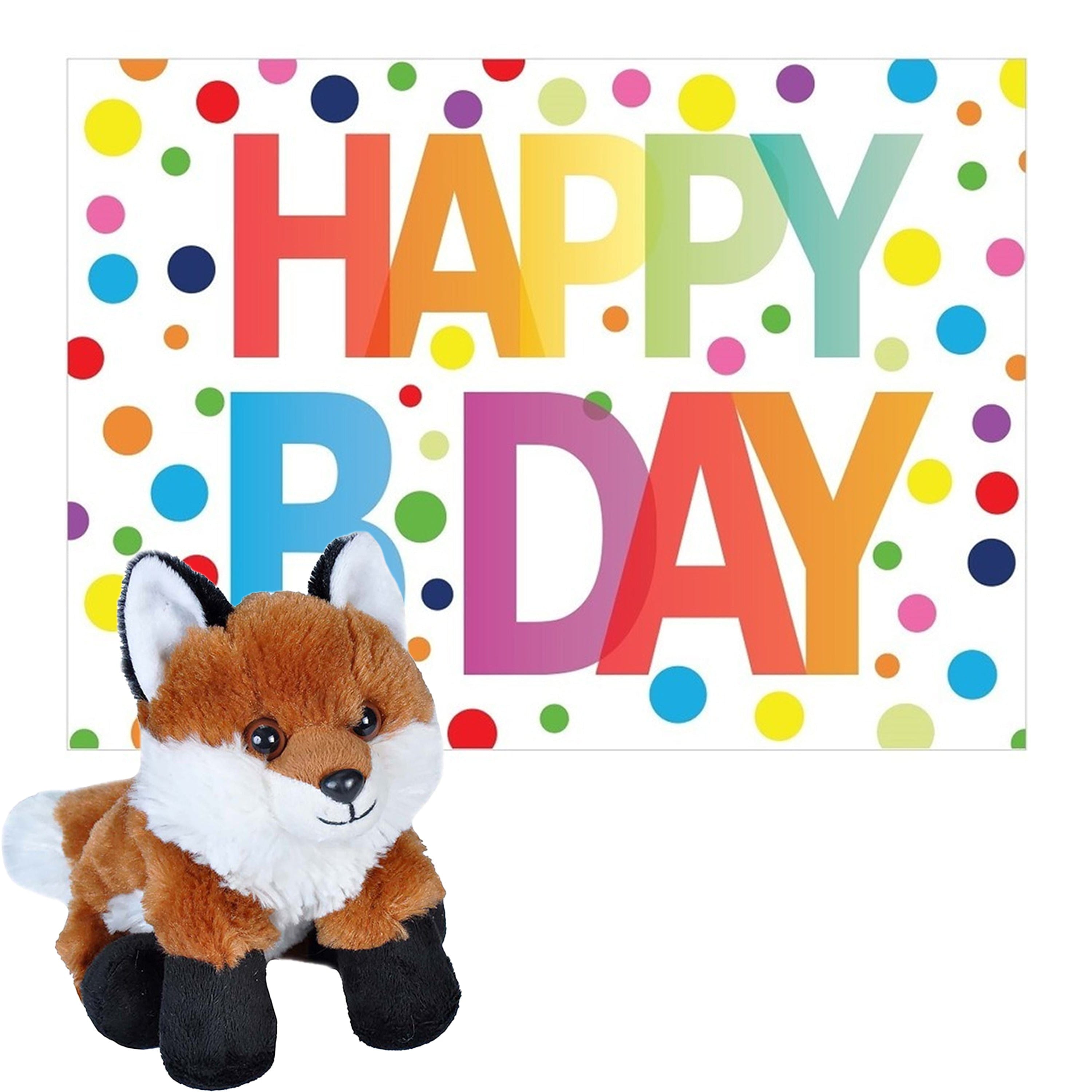 Rode vos knuffel - pluche - 18 cm - Happy Birthday kaart