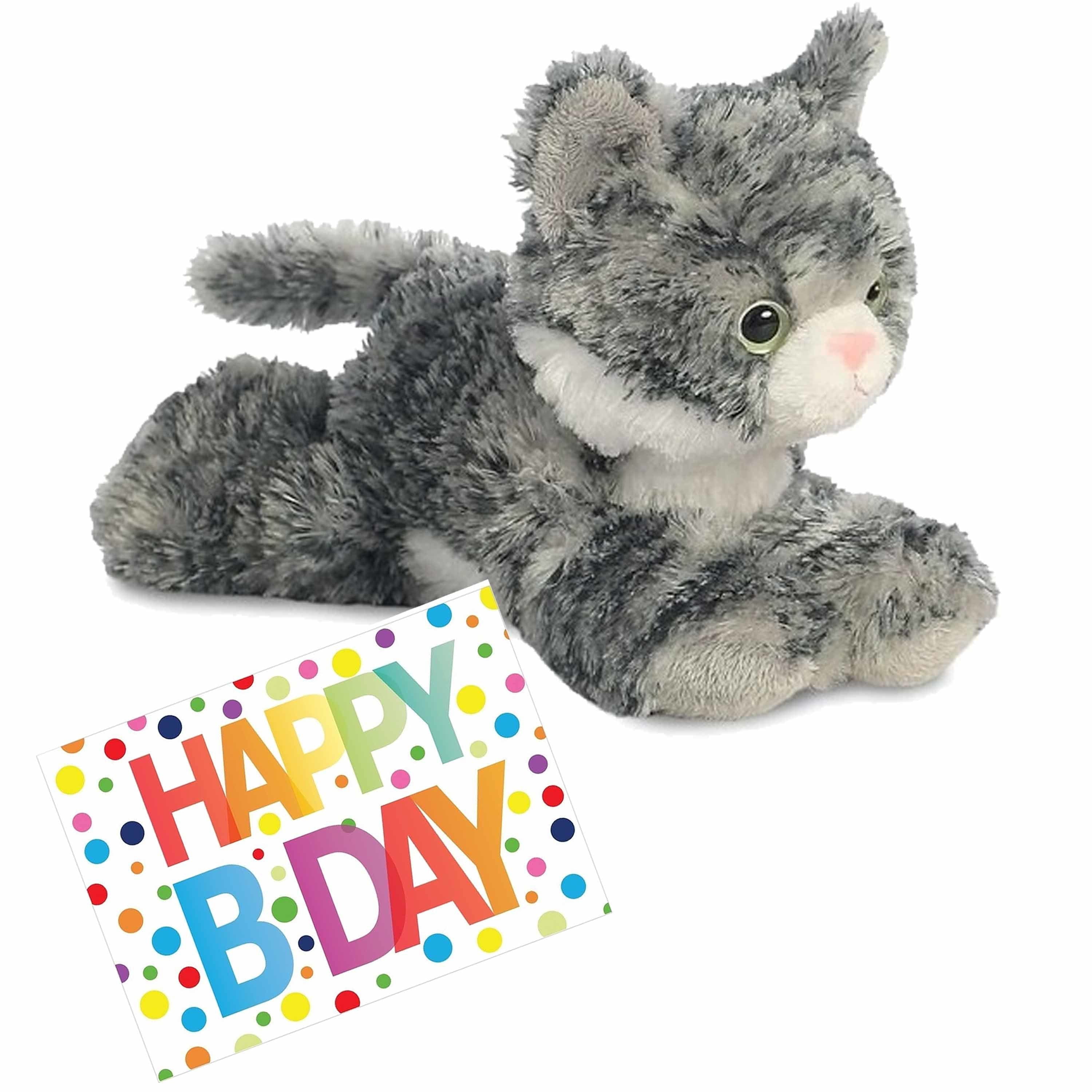 Pluche kat knuffel - grijs/wit - 20 cm - met verjaardagskaart