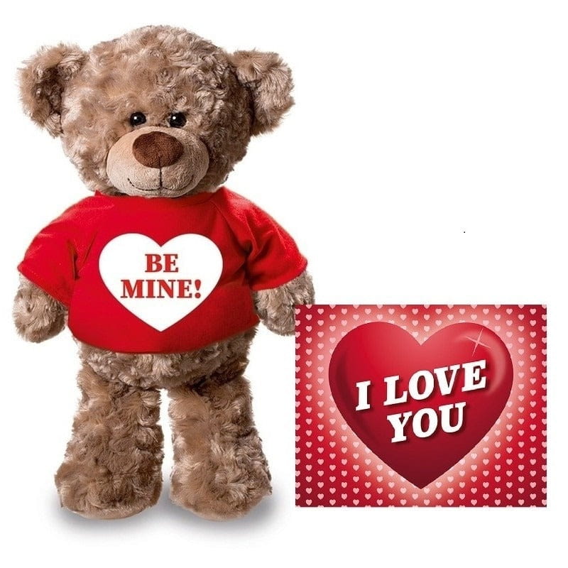 Valentijnskaart en knuffelbeer - 24 cm - Be Mine - rood shirt